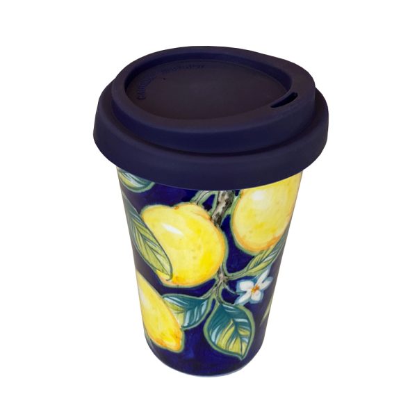 Авторский кофейный стаканчик Павловские лимоны в росписи Гуляева объем 420 мл. на синем фоне