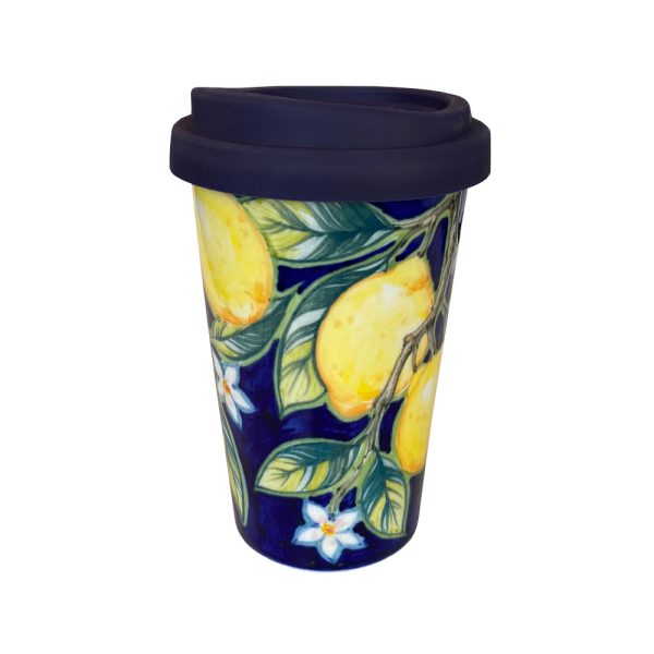 Авторский кофейный стаканчик Павловские лимоны в росписи Гуляева объем 420 мл. на синем фоне