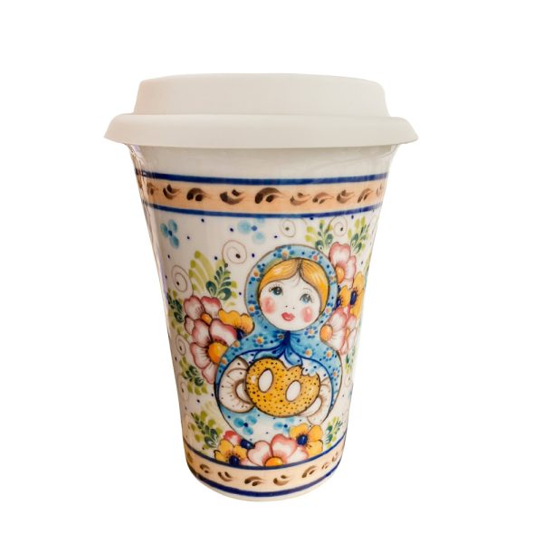 Авторский кофейный стаканчик "Матрёшка" с силиконовой крышкой объем 400 мл.