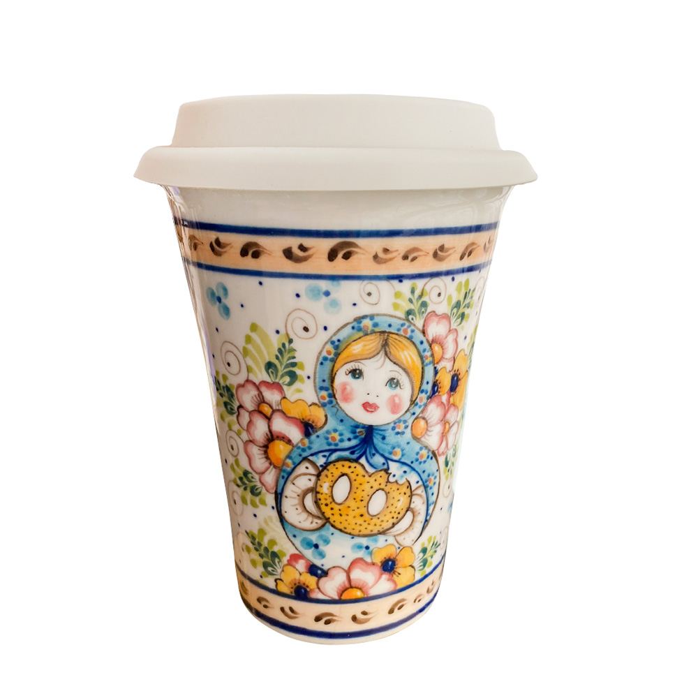 Авторский кофейный стаканчик "Матрёшка" с силиконовой крышкой объем 400 мл.