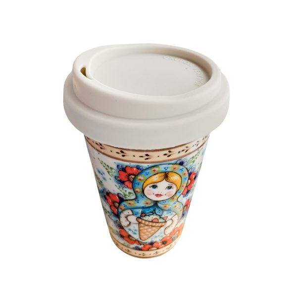 Авторский кофейный стаканчик "Матрёшка" с силиконовой крышкой объем 400 мл.