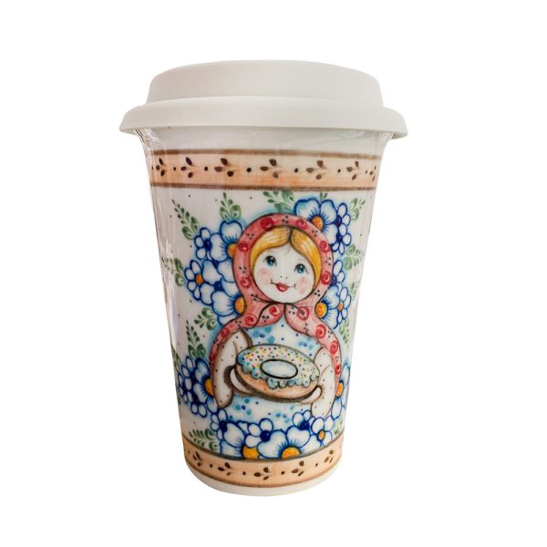 Авторский кофейный стаканчик "Матрёшка" с силиконовой крышкой объем 400 мл.