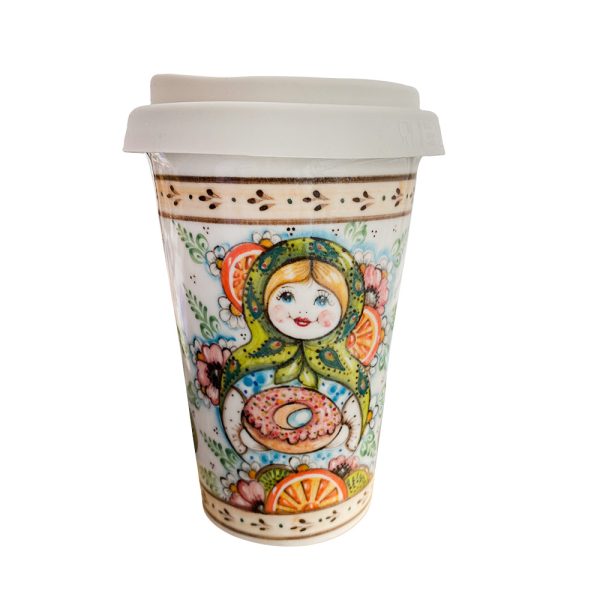 Авторский кофейный стаканчик "Матрёшка" с силиконовой крышкой объем 400 мл.