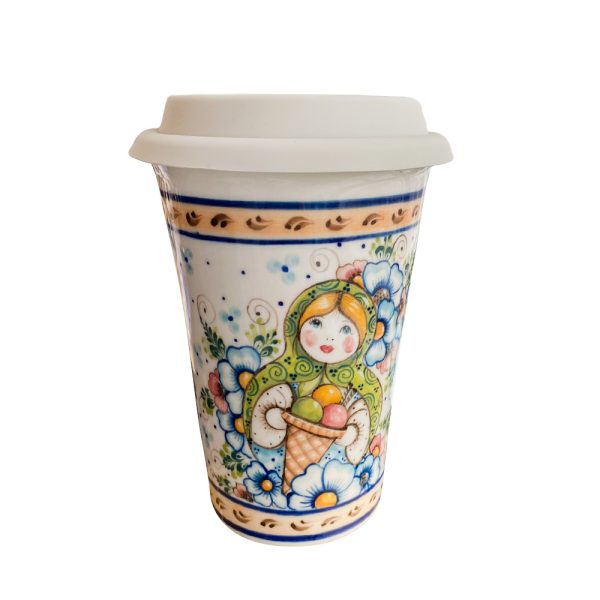 Авторский кофейный стаканчик "Матрёшка" с силиконовой крышкой объем 400 мл.