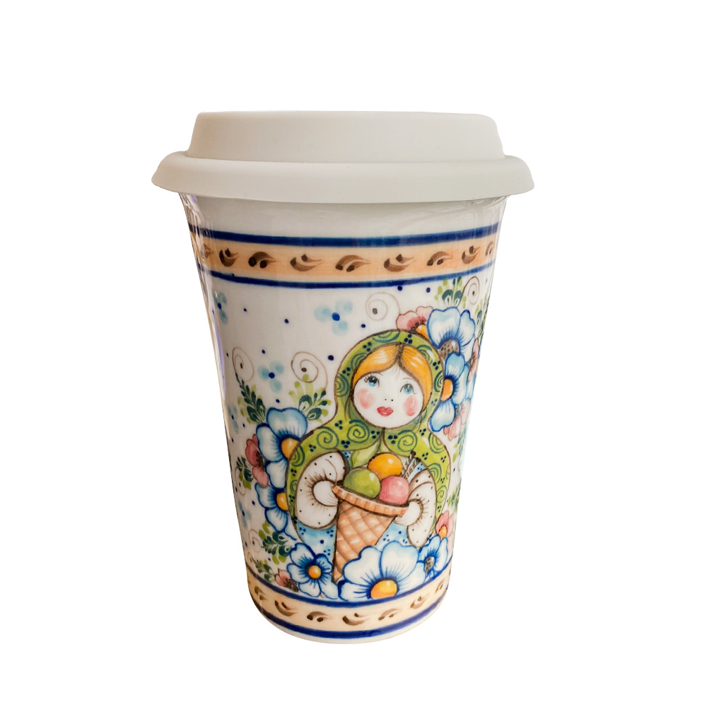 Авторский кофейный стаканчик "Матрёшка" с силиконовой крышкой объем 400 мл.