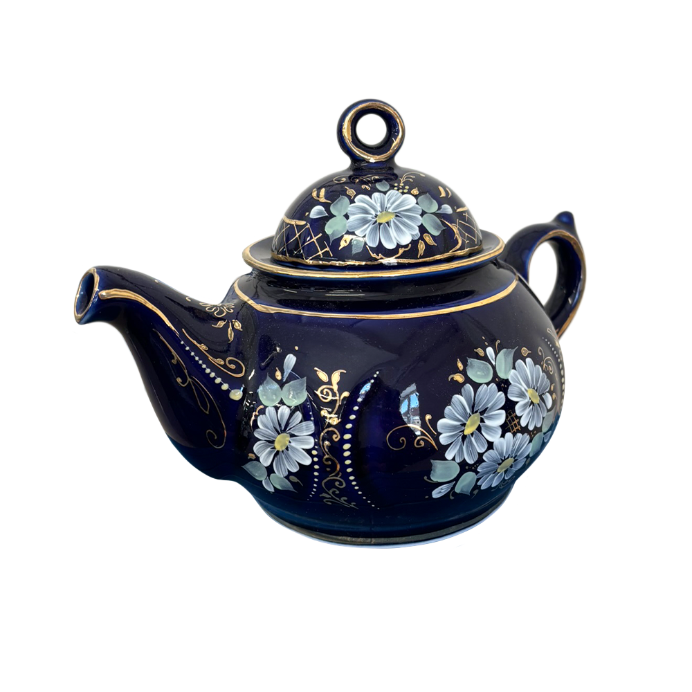 Чайник Пышка в глухом кобальте с цветной росписью