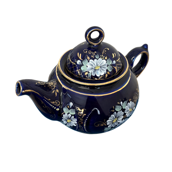 Чайник Пышка в глухом кобальте с цветной росписью