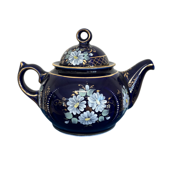 Чайник Пышка в глухом кобальте с цветной росписью