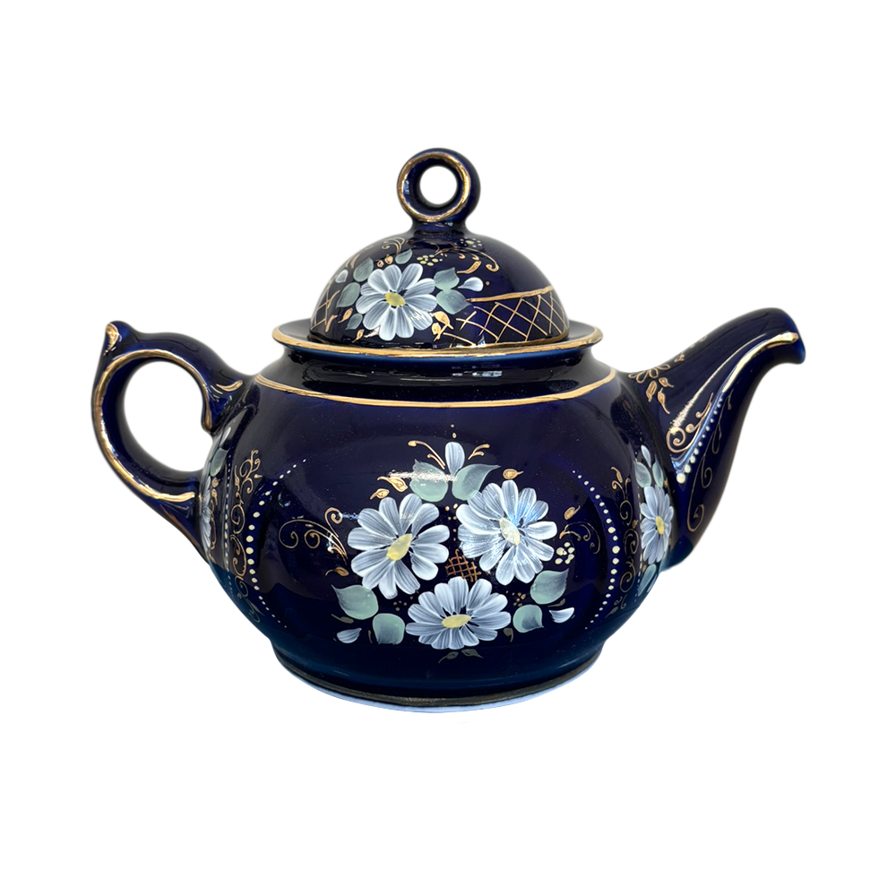 Чайник Пышка в глухом кобальте с цветной росписью
